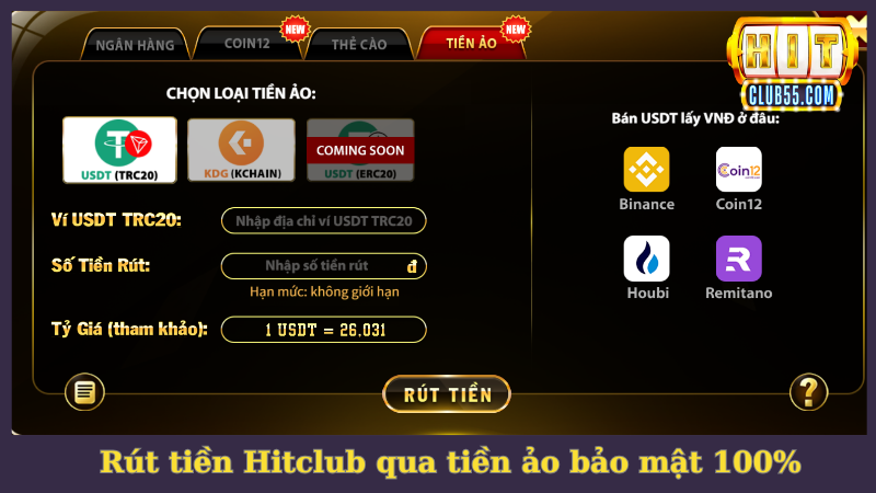 Thao tác rút tiền Hitclub qua tiền ảo bảo mật tuyệt đối