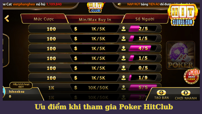 Ưu điểm khi trải nghiệm game bài Poker HitClub